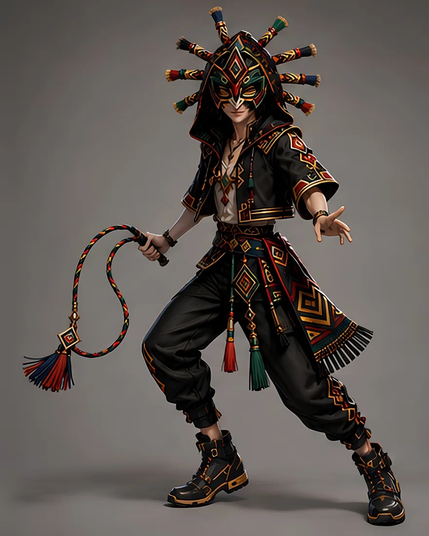 Aya Huma, masked, holding a braided whip.