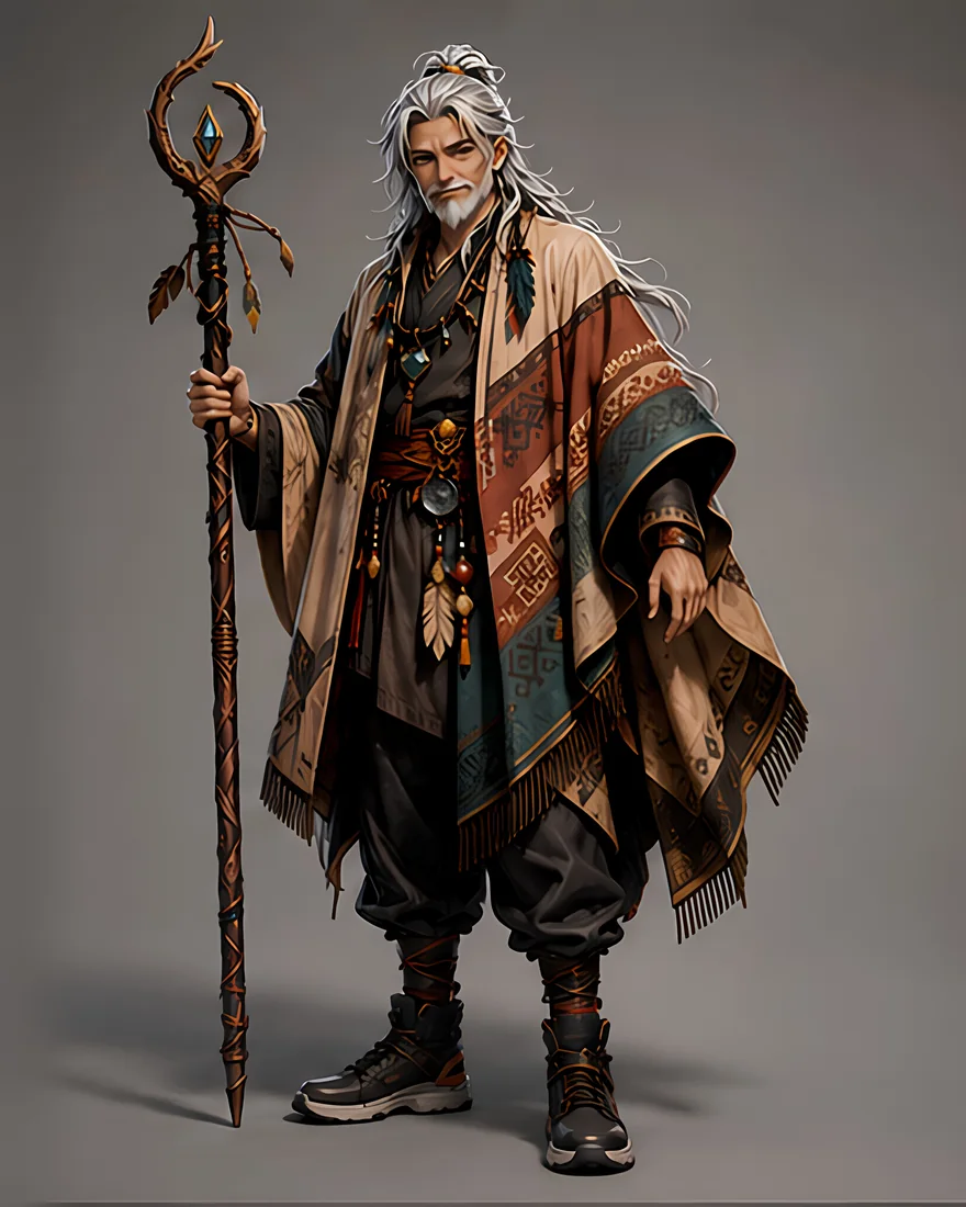 Hakan, white haired, with a carved staff and a woven poncho.