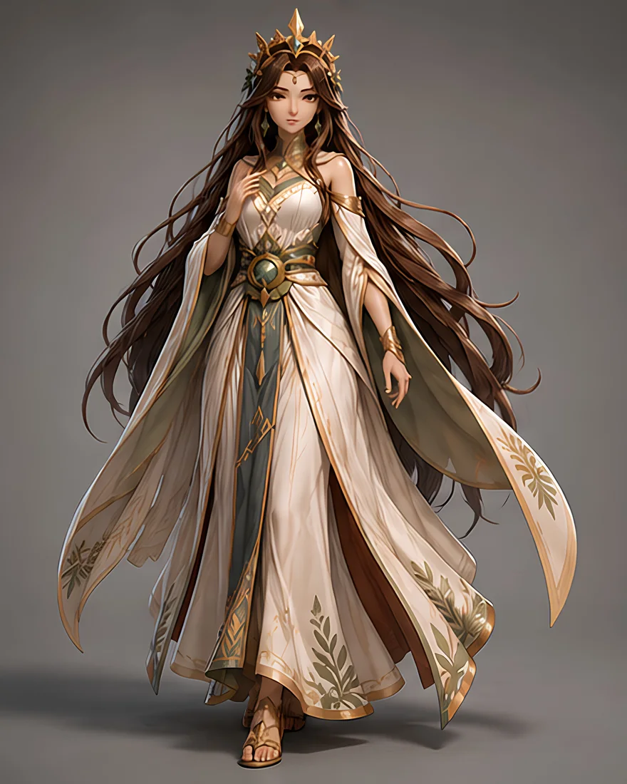 Pacha, crowned, in a pale flowing gown.
