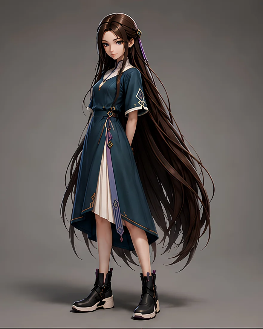 Sami, in a blue dress, with very long hair.