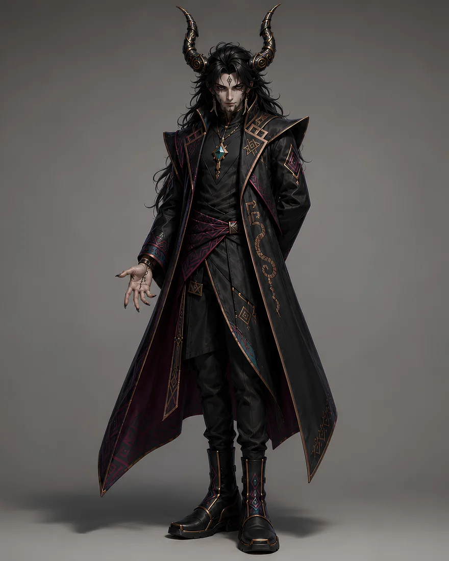 Supay, horned, in a long dark coat.