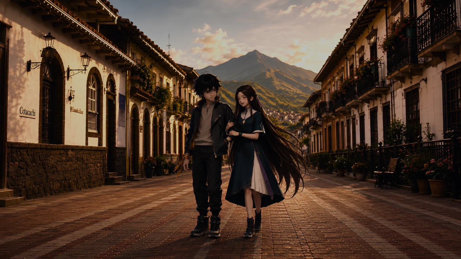 Kamay y Sami bajan por una calle colonial al atardecer, con un volcán cerrando la vista.