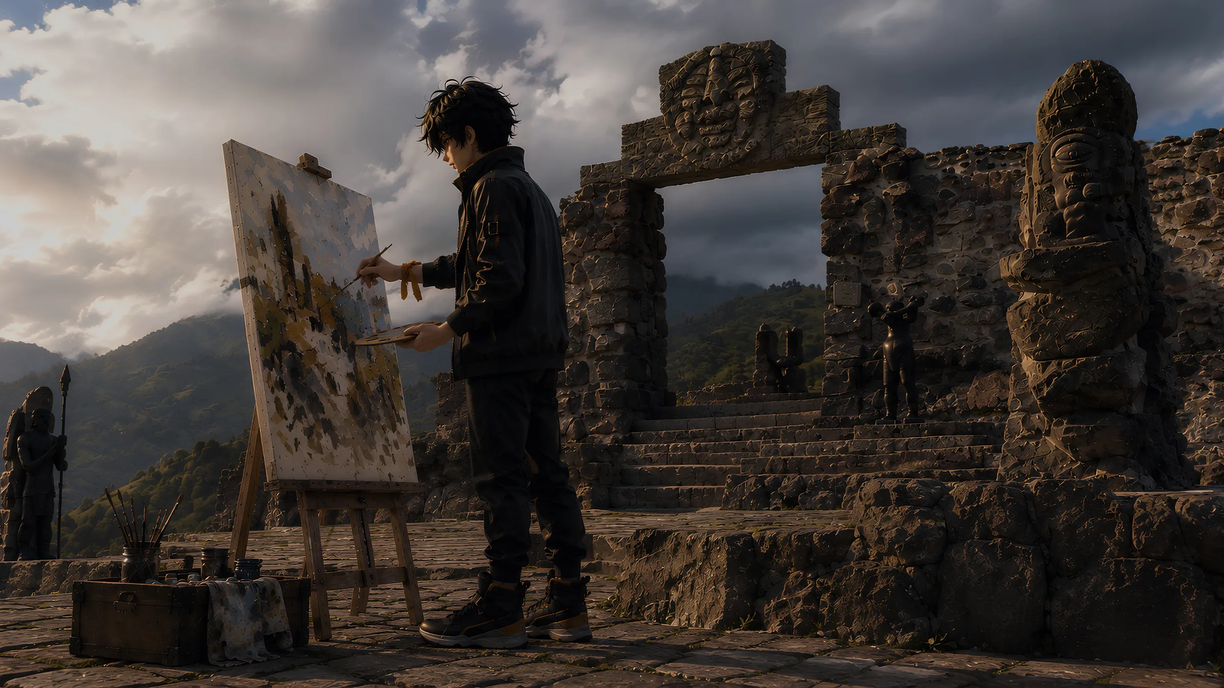 Kamay paints at an easel before a ruined temple gate and its carved stones.