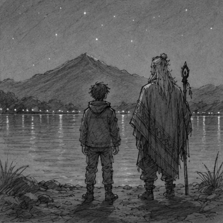 A boy and an old yachak stand at the edge of a night lake, facing a volcano under a field of stars.