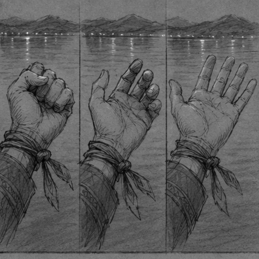 Three drawings of one hand over the water: closed, reaching, and open.