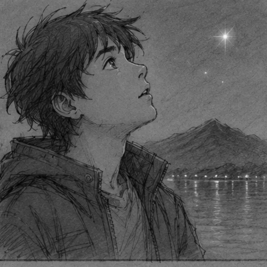 Close-up of the boy looking up at a single bright star.