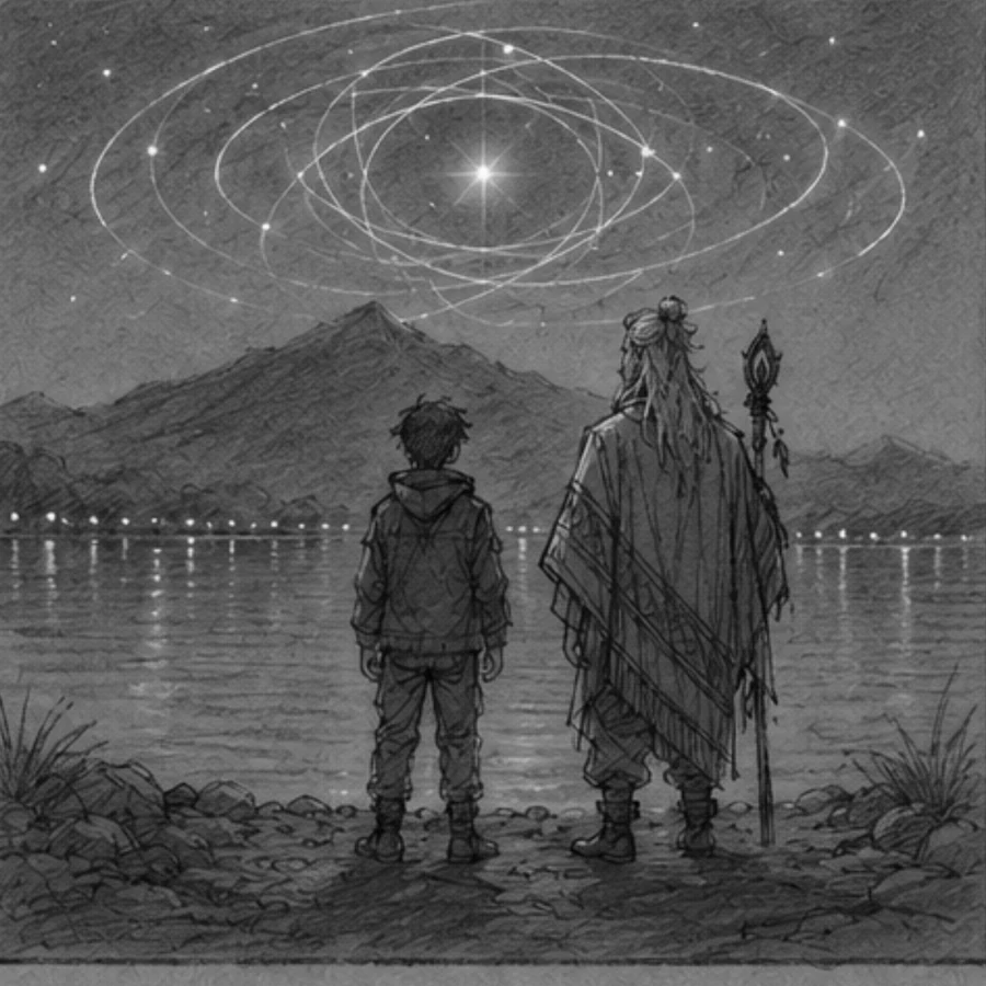 The boy and the yachak from behind again, with rings of light open in the sky above the volcano.