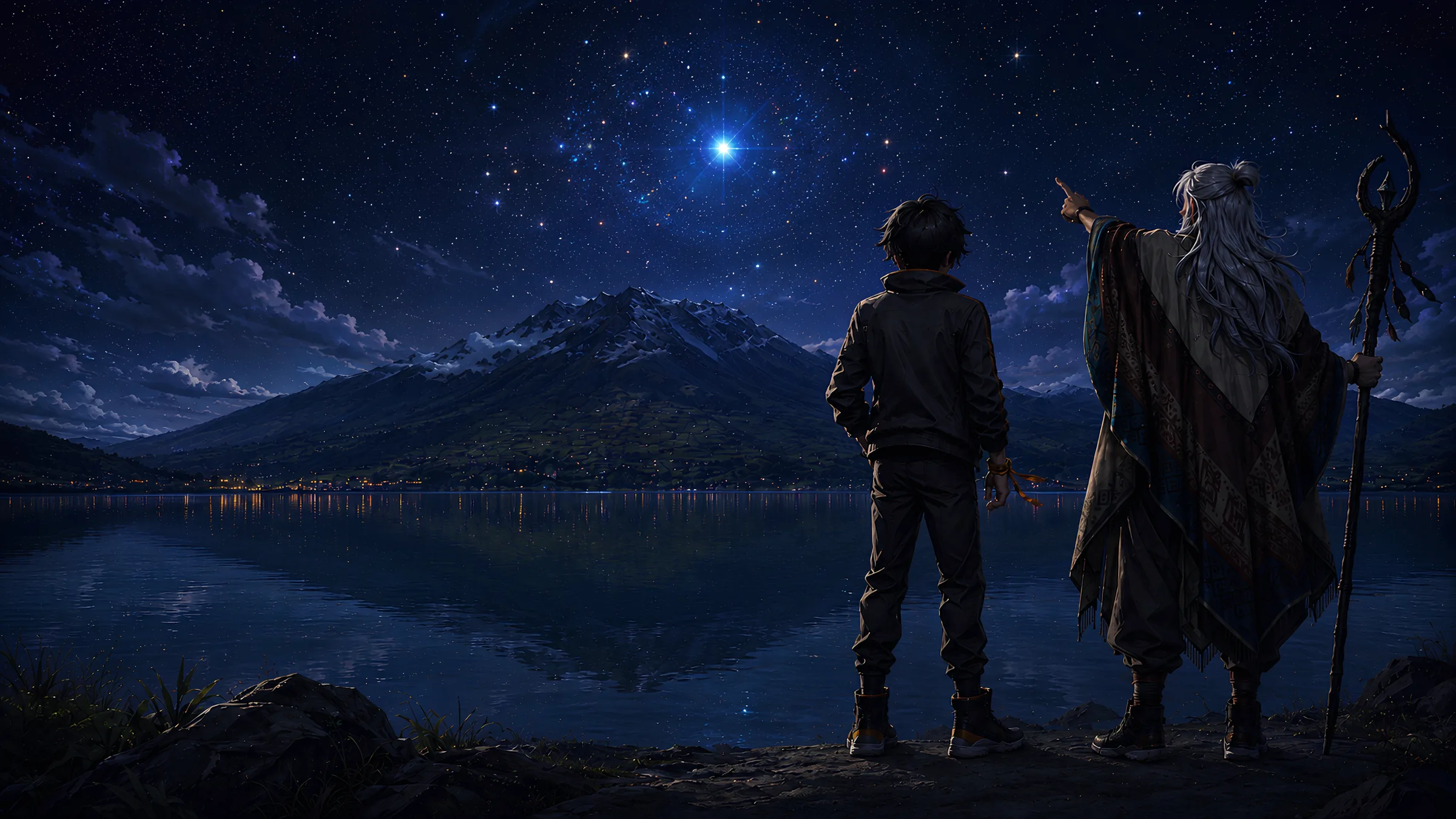 A boy and an elder stand before a lake at night, beneath one bright star.